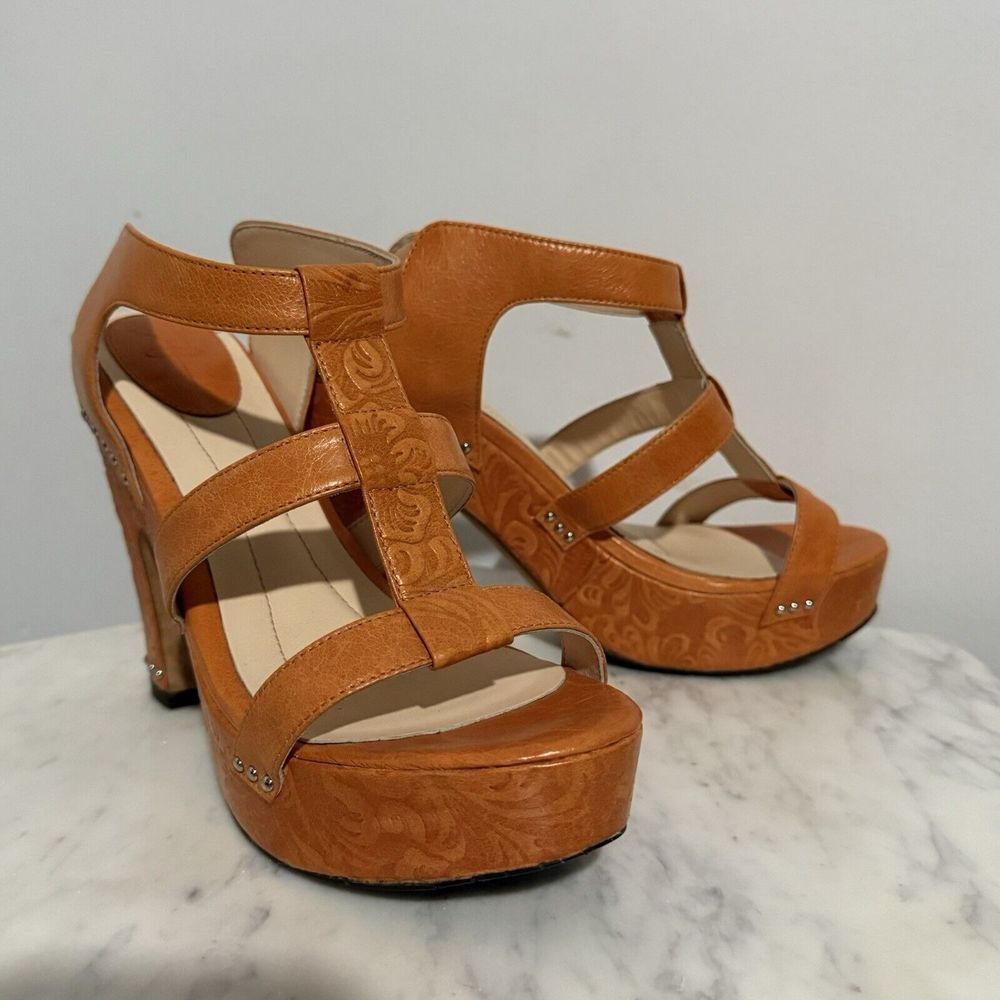 Tooled Leather Orange Heels‎ With Studs Gorgeous Western Sexy Cowgirl Cocktail
